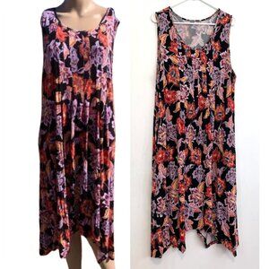 CROFT & BARROW Plus Size Print Challis Midi Dress Black Coral Purple Floral Boho